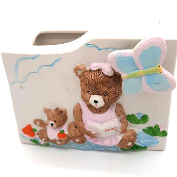 Vintage Napco Ceramic Nursery Musical Lullably Teddy Bear Butterfly Planter Vase - Picture 2 of 8